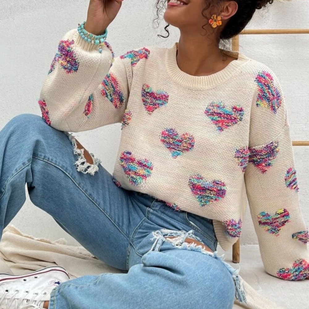 Sweater heart rainbow knit womens fuzzy cute - Picture 8 of 13